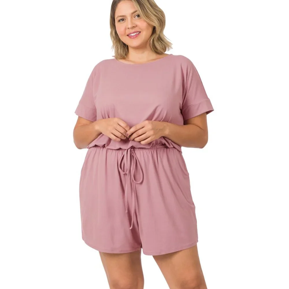 ZENANA PLUS BRUSHED DTY ROMPER WITH POCKETS-LT ROSE NWOT - Picture 1 of 3